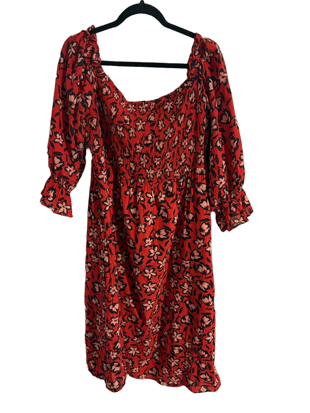 Who What Wear Red Floral Smocked Puff Sleeve Midi Dress XXL